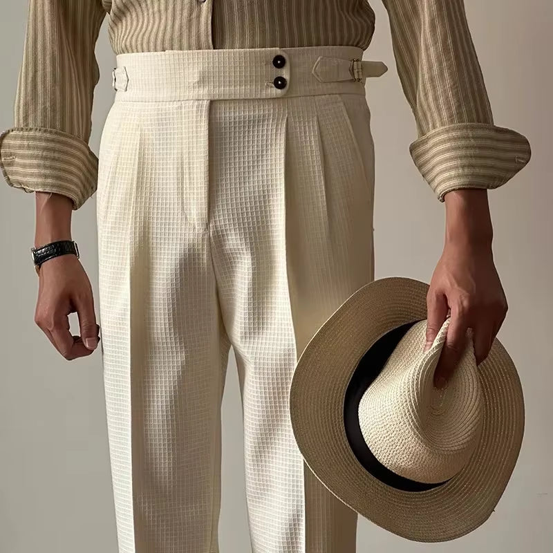 Vintage Belt-Up High Waist Trousers Men Spring Summer Fashion Solid Color Waffle Breathable Pants Mens Old Money Aesthetic Pants