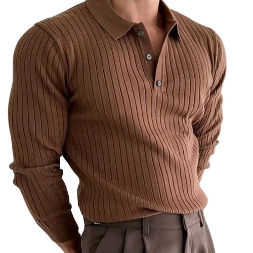 Lapel Button Long Sleeve Polo Shirt Slim Fashion Solid Striped Knitted Bottoming Shirt Top Men'S Clothing