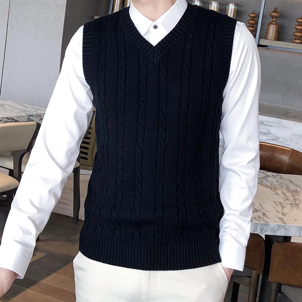 Men'S Cable Knit V Neck Relax Fit Sleeveless Knitwear Pullover Sweater Vest
