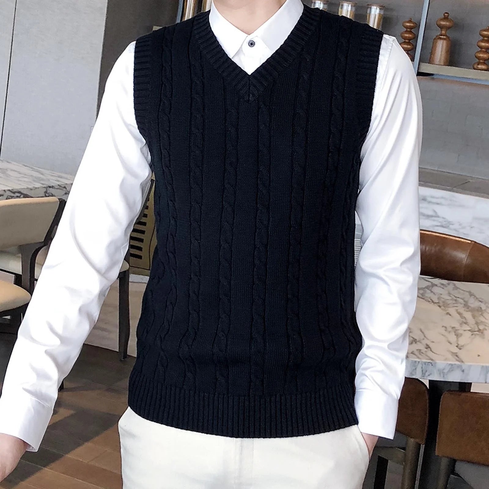 Men'S Cable Knit V Neck Relax Fit Sleeveless Knitwear Pullover Sweater Vest