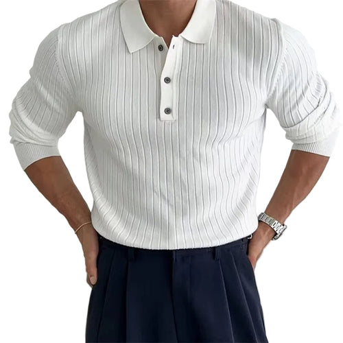 Lapel Button Long Sleeve Polo Shirt Slim Fashion Solid Striped Knitted Bottoming Shirt Top Men'S Clothing