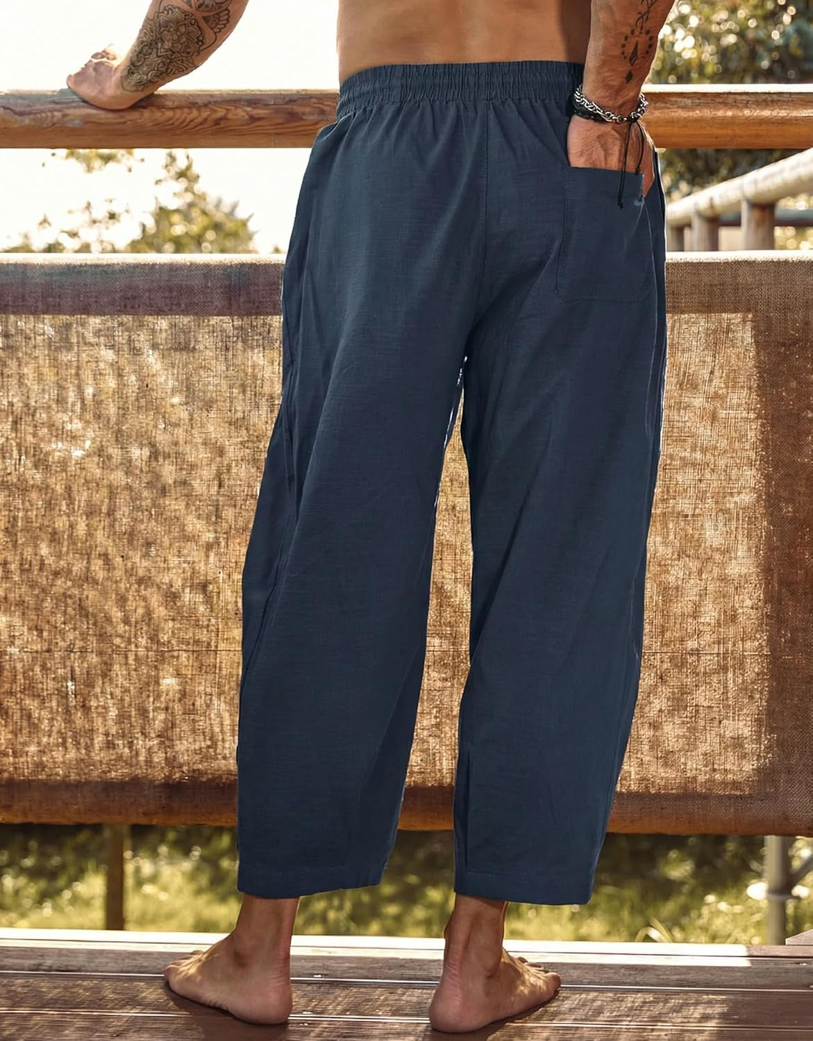 Men'S Cotton Linen Harem Pants Drawstring Casual Cropped Trousers Lightweight Loose Beach Yoga Pants with Pockets
