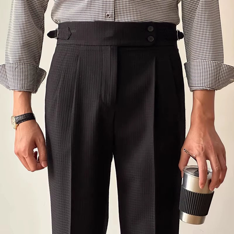 Vintage Belt-Up High Waist Trousers Men Spring Summer Fashion Solid Color Waffle Breathable Pants Mens Old Money Aesthetic Pants