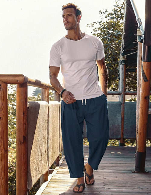 Men'S Cotton Linen Harem Pants Drawstring Casual Cropped Trousers Lightweight Loose Beach Yoga Pants with Pockets