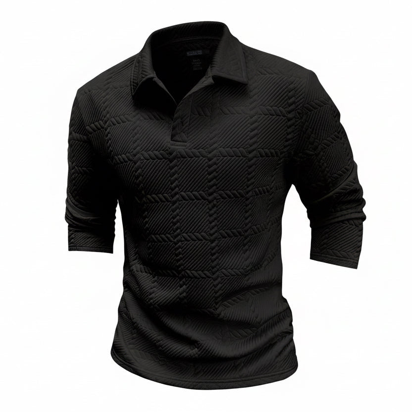 Mens Solid-Color Lapel Front-Button Long-Sleeve Polo Shirt
