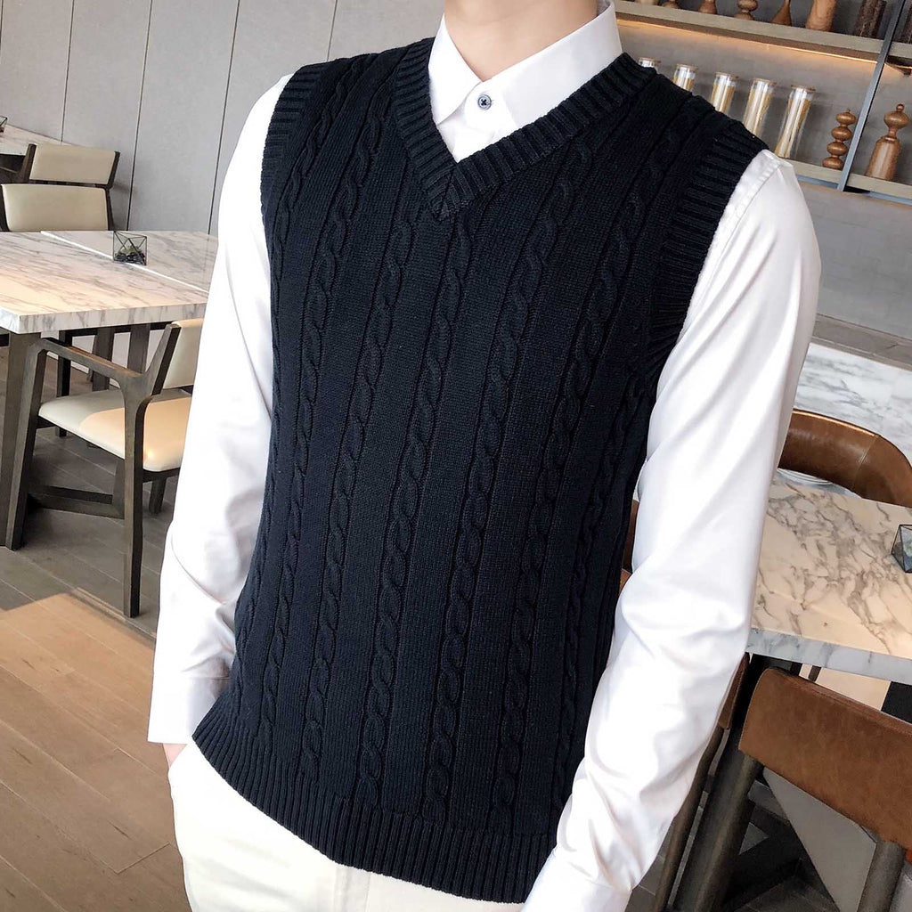 Men'S Cable Knit V Neck Relax Fit Sleeveless Knitwear Pullover Sweater Vest