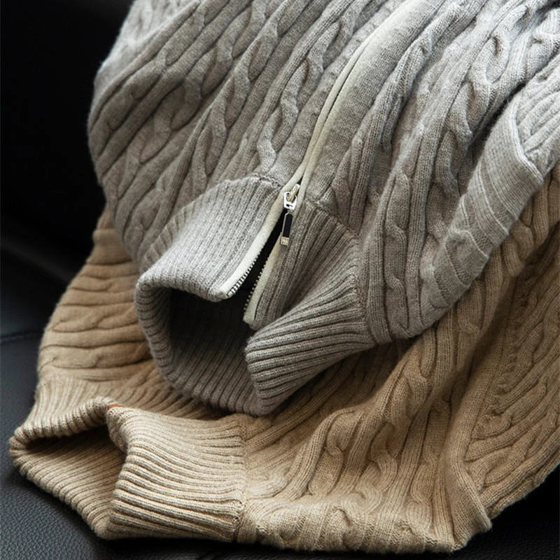 Men'S Wool Quarter-Zip Sweater, All Day Warm Cable Knit, Old Money Style for Smart Casual, Gray and Beige Colors Available