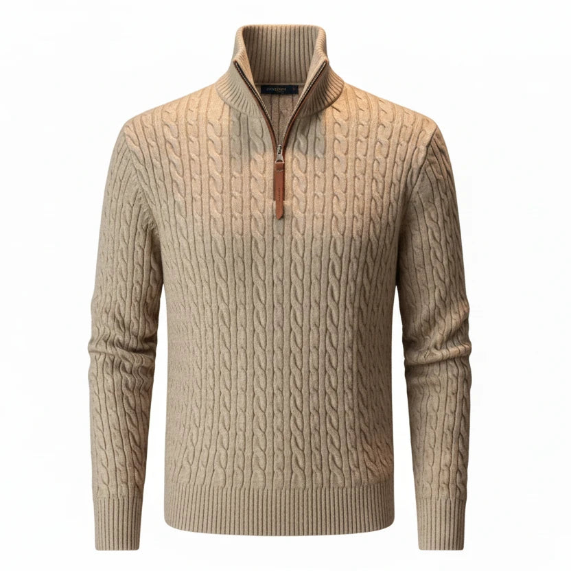 Men'S Wool Quarter-Zip Sweater, All Day Warm Cable Knit, Old Money Style for Smart Casual, Gray and Beige Colors Available