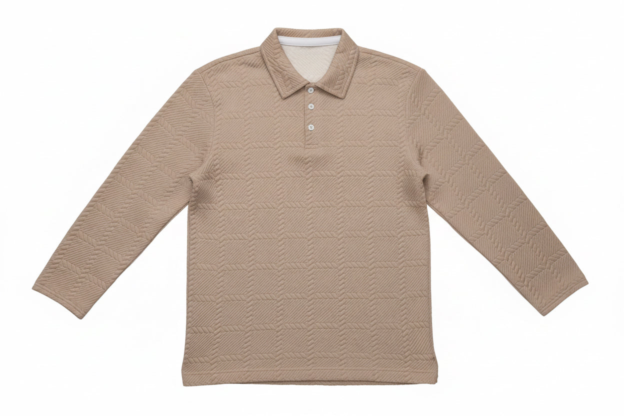 Mens Solid-Color Lapel Front-Button Long-Sleeve Polo Shirt