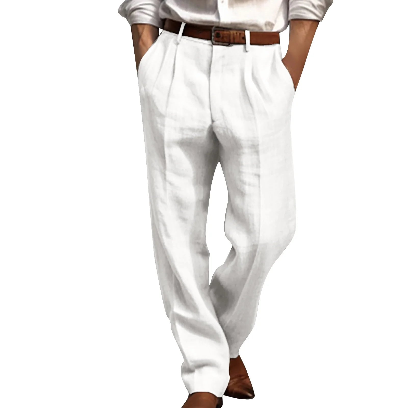 Cotton Linen Pants for Men Pleated Front Trouser Straight Leg Suit Trousers Solid Color Office Trouser Lightweight Linen Pant