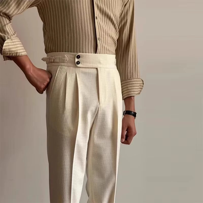 Vintage Belt-Up High Waist Trousers Men Spring Summer Fashion Solid Color Waffle Breathable Pants Mens Old Money Aesthetic Pants