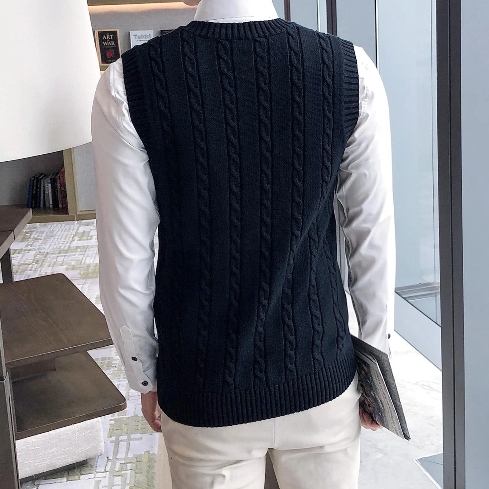 Men'S Cable Knit V Neck Relax Fit Sleeveless Knitwear Pullover Sweater Vest